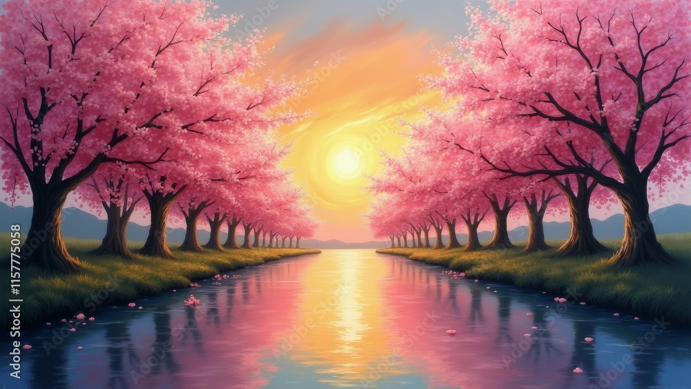 Poster the image is a beautiful landscape of a river with a row of trees on either side.