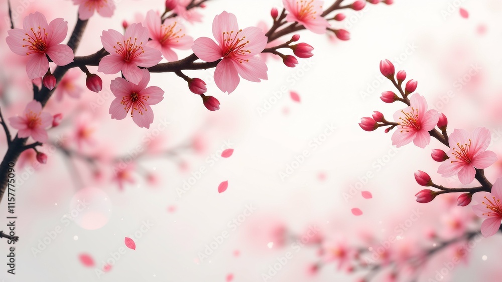 Poster the image is a close-up of a branch of a tree with pink flowers. the flowers are in full bloom and h
