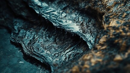 Glacier melting reveals dark rocks beneath as water streams carve pathways through thinning ice in a hyper-realistic portrayal of nature's fragility
