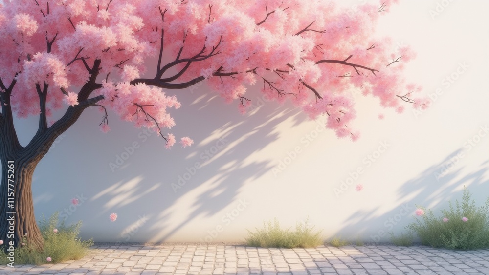 Poster the image is a digital illustration of a tree with pink cherry blossom flowers. the tree is on the l