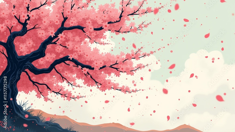 Poster the image is an illustration of a tree with pink cherry blossom flowers on its branches. the tree is