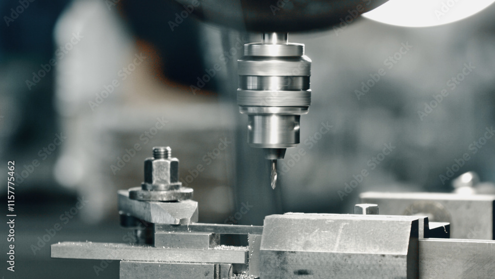 Poster close up view of an industrial drill press perforating a metal component in a factory, highlighting 