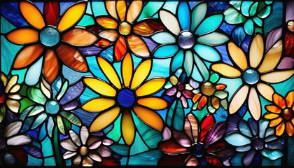 Colorful stained glass flowers as a background. 