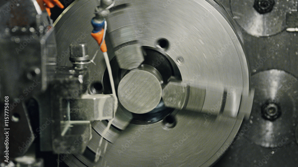 Poster automated metal lathe rotating and precisely shaping a metal workpiece in a factory setting, illustr