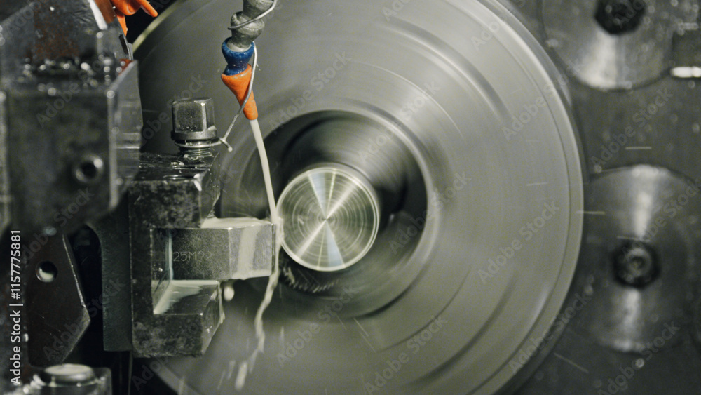 Poster automated lathe machine processing a metal detail in a factory setting, highlighting the intricate m