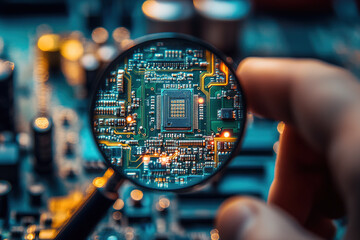 Exploring the intricate details of a circuit board under magnification with hands engaged in technical examination
