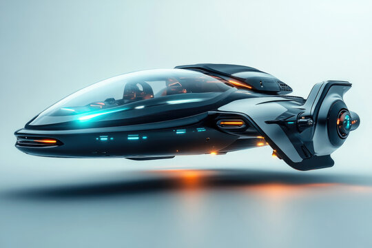 Futuristic single-seater flying vehicle with a transparent canopy and sleek, aerodynamic design.