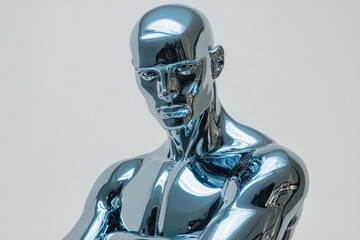 A chrome male mannequin with arms crossed, reflecting light, conveys a futuristic, stoic presence.