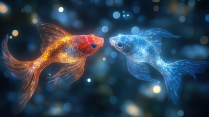 Fototapeta premium Two geometric fish as pisces zodiac sign, surrounded by flat wave patterns and glowing underwater light effects 