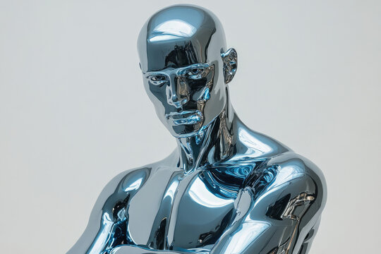 A chrome male mannequin with arms crossed, reflecting light, conveys a futuristic, stoic presence.