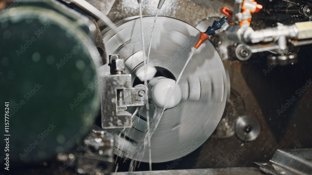 Poster close up of industrial lathe machine rotating and shaping metal detail with coolant, demonstrating p