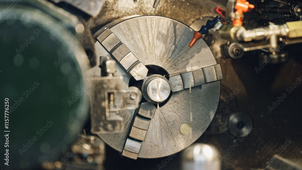 Poster metalworking cnc lathe machine cutting a metal detail while producing swarf and applying coolant for