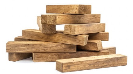 Stack of Wooden Blocks Forming a Tall Jenga Tower with Natural Woodgrain Texture.