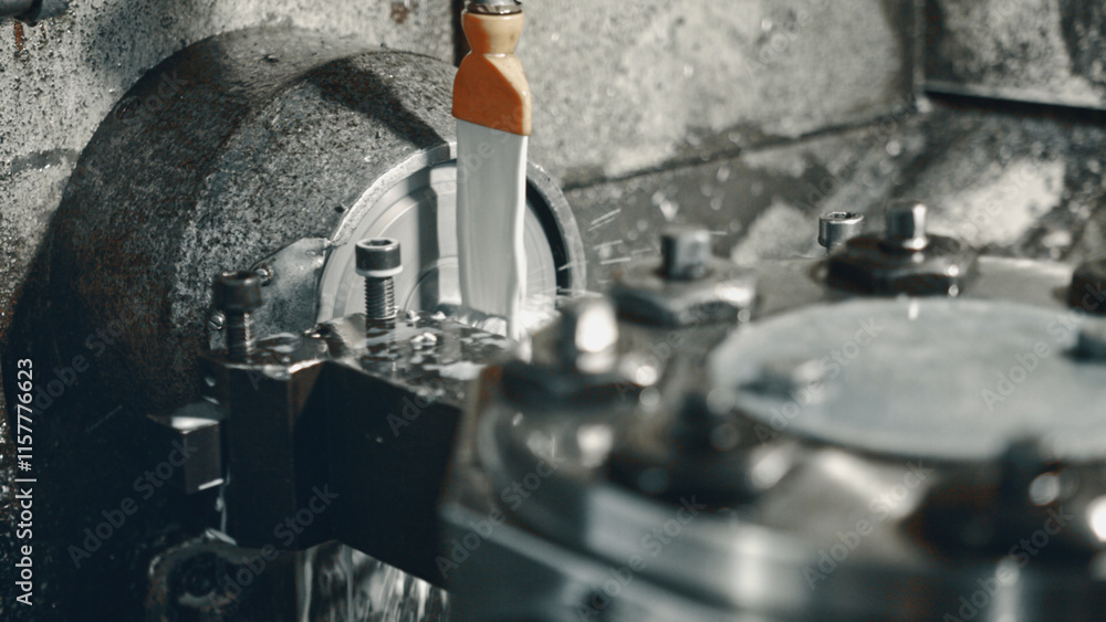 Poster close up of a metal lathe cutting a cylindrical metal part, using a water cooling system to prevent 