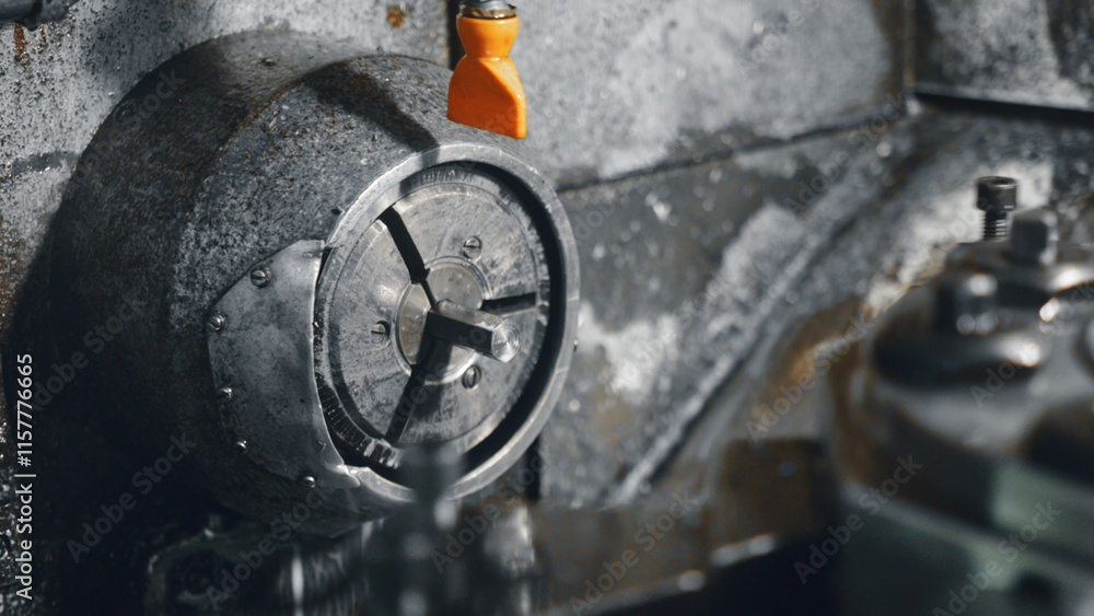 Poster close up view of a lathe machine operating with coolant in a metalworking factory, showcasing the pr