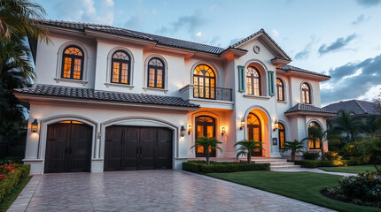 Obraz premium Exterior View of a Two-Story Mediterranean-Style Residence at Dusk