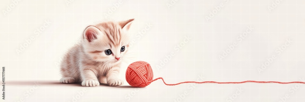 Poster Cute kitten engaging playfully with a soft ball of yarn in a bright and inviting space suitable for text placement. Generative AI