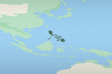 Philippines highlighted on a detailed map, geographic location of Philippines.