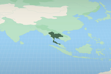 Thailand highlighted on a detailed map, geographic location of Thailand.