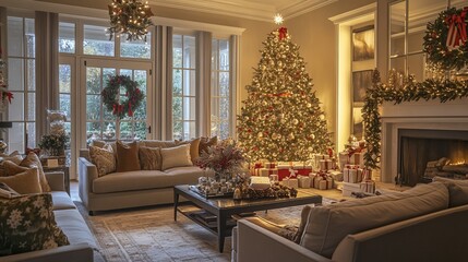 Fototapeta premium A cozy living room is decked out for Christmas, with a gray sofa in the foreground, a Christmas tree sparkling in the background, and festive decorations adding to the holiday cheer. 