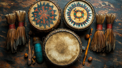 Top-Down View of Sacred Native American Drums and Instruments for Spiritual Ceremonies