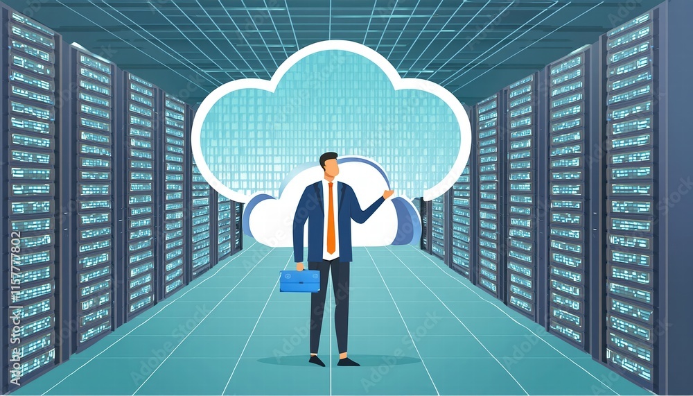 Poster futuristic big data center chief manager overseeing advanced cloud services in information technolog