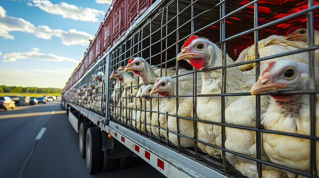 Transporting Turkeys to Slaughterhouse: Poultry in Cages on Rural Highway Journey