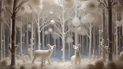 Surreal Winter Forest with Two Deer in a Peaceful White Wonderland