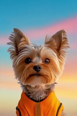 Yorkshire Terrier wearing an orange vest poses against a colorful sunset in the background