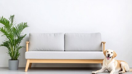 Cozy Living Room with Grey Sofa, Indoor Plant, and Happy Dog on Floor