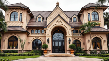 Fototapeta premium Large, tan-colored mansion with a brown roof, featuring multiple arched windows and a grand entrance. The home exhibits symmetrical design and landscaping.
