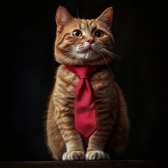 Obraz premium Cat dressed in a red tie poses elegantly against a dark background in a studio setting