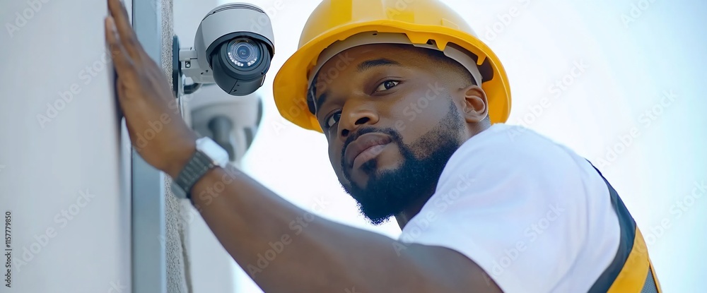 Poster a worker in a hard hat installing a security camera on a building.