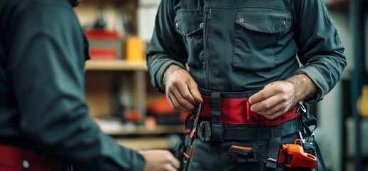 A worker adjusts their tool belt in a workshop setting.