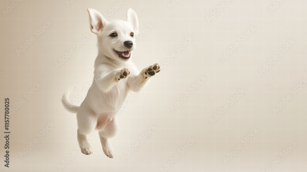 Aufkleber Joyful puppy leaps in mid air against a soft background with ample space for creative text placement. Generative AI