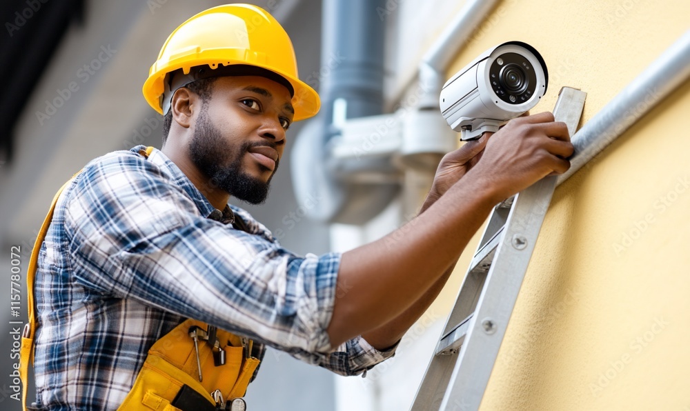 Poster a worker installing a security camera on a building ladder.