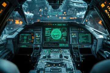 Futuristic spaceship cockpit with advanced technology, glowing green interfaces and radar display.