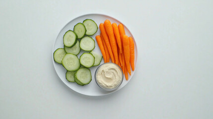Healthy snack plate with sliced cucumbers, baby carrots, and creamy dip.