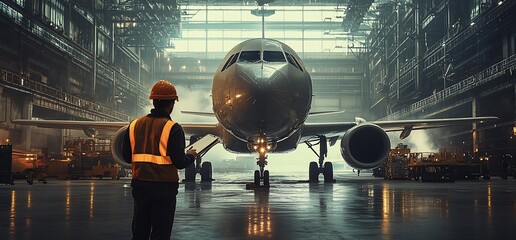 A worker inspects an aircraft in a spacious hangar, emphasizing aviation maintenance.