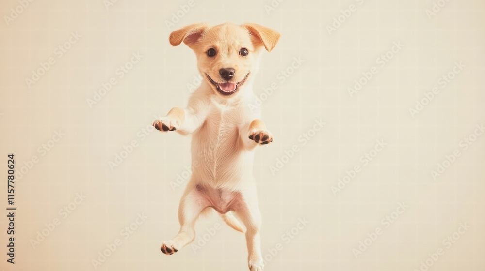 Aufkleber joyful puppy jumps in mid air showcasing energy and playfulness with lots of space ideal for text ov