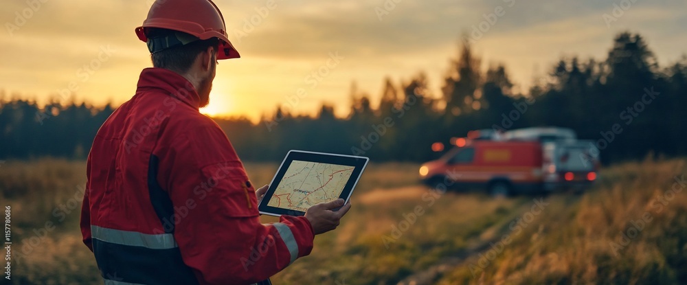 Poster a worker uses a tablet in a field, with an emergency vehicle in the background.