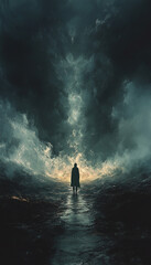 Fototapeta premium A person standing at a crossroads where one path leads to light and sun, symbolizing hope and growth, and the other leads to darkness, symbolizing challenges or struggles in life.