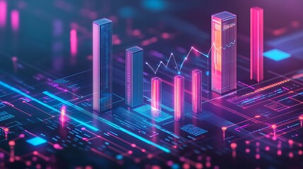 Vibrant 3D Render: Data Growth Visualization on Futuristic Circuit Board. AI Generated