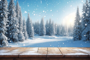 A picturesque winter landscape with snow covered fir trees and a wooden table top creating a perfect setting for a Merry Christmas and happy New Year greeting background, snowfall scene, banner