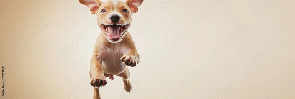 Aufkleber joyful puppy jumping in mid air against a neutral background with space for text and design elements