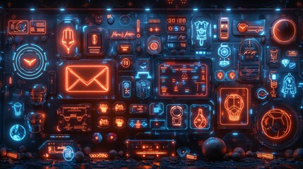 Obraz premium Create a collection of neon sports memorabilia symbols, including illuminated