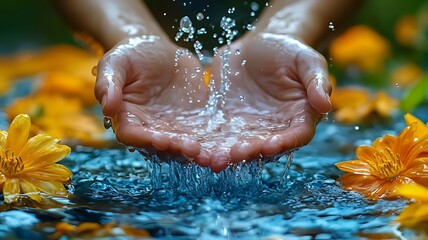 Fototapeta premium Hands cupping splashing water over orange flowers.