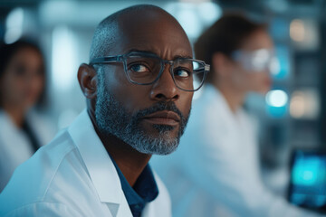 Obraz premium A thoughtful male scientist in a lab coat contemplates a scientific problem, surrounded by colleagues.