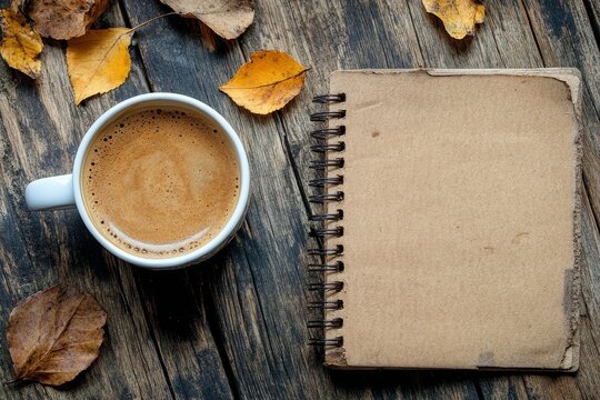 Warm coffee and notebook resting on wooden table with autumn leaves scattered around
