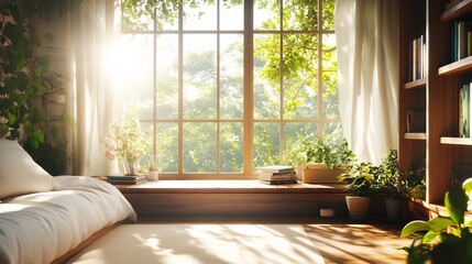 Fototapeta premium Serene Sunlight Streaming Through Large Window in Cozy Room Photo. AI Generated